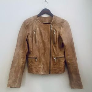 Michael Kors Leather Moto Jacket Mocha Brown Pockets Brass Zippers Size Small
